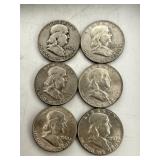6 Franklin Half Dollar Coins