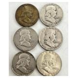 6 Franklin Half Dollar Coins