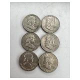 6 Franklin Half Dollar Coins