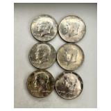 6- 1964 Silver Kennedy Half Dollar Coins
