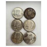 6- 1964 Silver Kennedy Half Dollar Coins