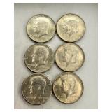 6- 1964 Silver Kennedy Half Dollar Coins