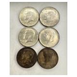 6- 1964 Silver Kennedy Half Dollar Coins