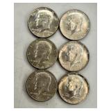 6- 1964 Silver Kennedy Half Dollar Coins