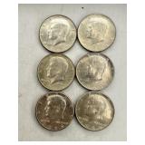 6- 1964 Silver Kennedy Half Dollar Coins