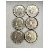 6- 1964 Silver Kennedy Half Dollar Coins