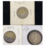 1906-D, 1907-S, 1915 Barber Quarter Dollar Coins