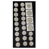 21 Kennedy Half Dollars and 4 $1 Coins