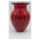 Roger Corn Ruffled Rim Fish Glazed Stoneware Vase