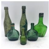 6 Vintage Green Glass Medicine/Spirit Bottles