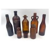 8 Vintage Amber Glass Bottles