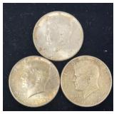 3 - 90% Silver 1964  Kennedy Half Dollar Coins