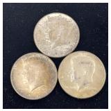 3 - 90% Silver 1964  Kennedy Half Dollar Coins