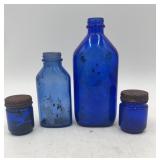 4 Vintage Cobalt Blue Unmarked Glass Bottles