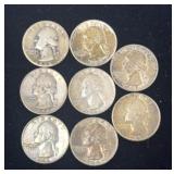 8 90% Silver Washington Quarter Dollar Coins