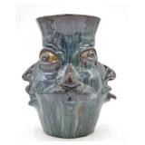 Charlie West Folk Art Pottery Multi-Face Jug