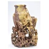 Hand Carved Soapstone Bird and Floral Vase