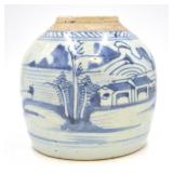 Blue and White Handpainted Stoneware Ginger Jar