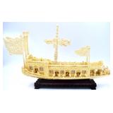 Hand-carved Bone Chinese Boat Sculpture with Stand