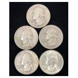 5 Silver Washington Quarter Coins