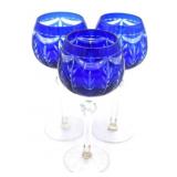 3 Blue Crystal Wine Glasses