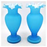Pair of Blue Satin Glass Vases