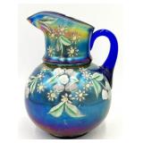 Fenton Blue Carnival Glass Enameled Pitcher