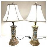 Pair of Large Polychrome Floral Table Lamps