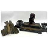 Brass Inkstand & Brass Bookends