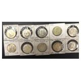 10 Kennedy Half Dollars 1965-1969