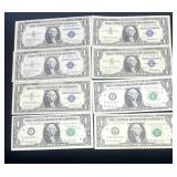 8-Assorted One Dollar Silver Certificates/Notes