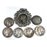 6 Mercury Dimes & 1 Seated Liberty Dime