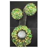 Green Rhinestone Brooch & Clip-on Earrings Set