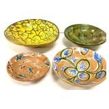 4 Folk Art Glazed Terracotta Earthenware Bowls