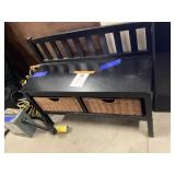 wooden storage bench with wicker baskets