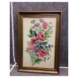 framed floral cross-stitch Art