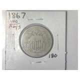 1867 Without Rays Shield Nickel
