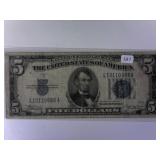 1934 B $5 Blue Seal Silver Certificate Note