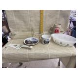 Pyrex Dish, Glasbake Dish, Thomas Kinkade Cup &