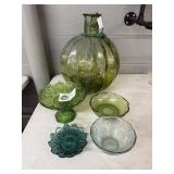 Green Glass Vase, Dishes, Etc