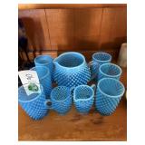Blue Hobnail Pitcher with 5 Glasses