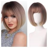New Blonde Brown Bob Wig with Bangs for Women New Blonde Brown Bob Wig with Bangs for Women