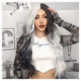 New 27" Long Ombre Black White Sliver Wig