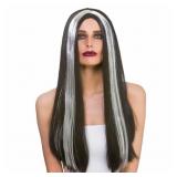 New Ladies LONG BLACK SILVER STREAK WIG