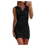 Small Womens Cowl Neck Glitter Sleeveless Ruched B
