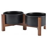 Ceramic Dog Bowls with Acacia Wood Sta