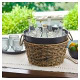 Black Galvanized Round Tub with Rattan 14in