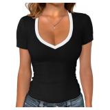 XL Short Sleeve Shirts for Women V Neck Summer Rib