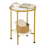Round Gold Side Table, 2 Tier Tempered Glass Top E
