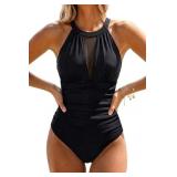 Large Women One Piece Swimsuit High Neck Plunge Ru